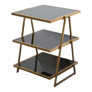 Uttermost Grace Feyock Garrity Modern Glam 20" Gold Leaf Tiered Accent Table W. Black Glass Shelves Bar Table For Sale