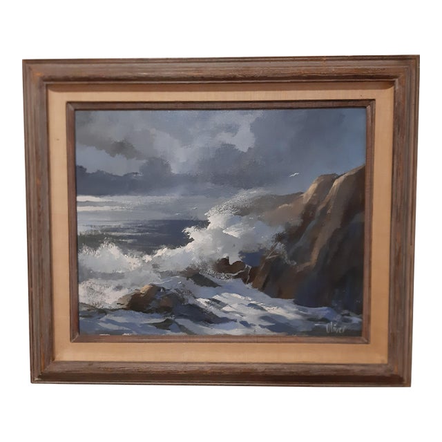 1970s Doug Oliver Painting "Seascape" on Canvas 16"x20" Wood Framed Early Work For Sale