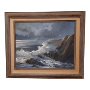 1970s Doug Oliver Painting "Seascape" on Canvas 16"x20" Wood Framed Early Work