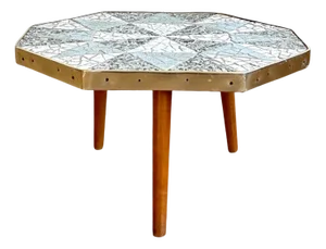 Blue and White Mosaic Ceramic Octagonal Side Table, 1970s