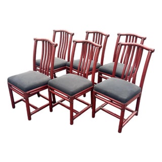 Vintage McGuire Red Rattan Chinese Officials Hat Dining Chairs, Set of 6 For Sale