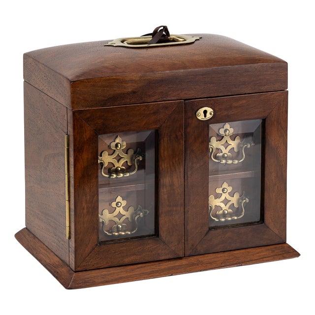 Antique 19th Century Victorian Walnut & Glass Fronted Jewellery Box, 1890s For Sale