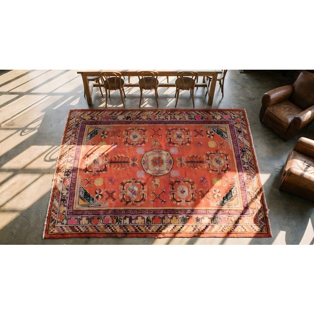 1920s Red Rust Rustic Pomegranate Antique Central Asian Khotan Rug 5'2" X 8'3" Knotted Wool Carpet For Sale In New York - Image 6 of 8
