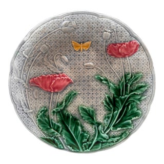 French Majolica Poppies & Butterfly Plate Gien, Circa 1880 For Sale