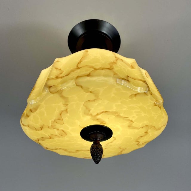 Art Deco Flush Mount in Marbled Opaline Glass & Burnished Metal, Germany, 1920s For Sale - Image 16 of 18