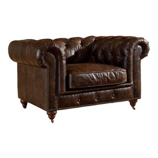 Duplicate Crafters and Weavers Century Dark Brown Leather Chesterfield Arm Chair For Sale