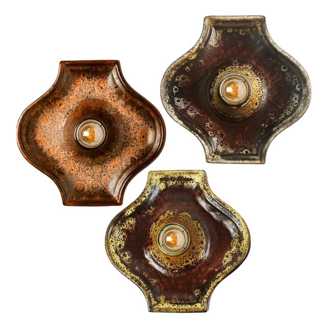 Oval Red Brown Green Ceramic Wall Lights, Germany, 1970s, Set of 3 For Sale