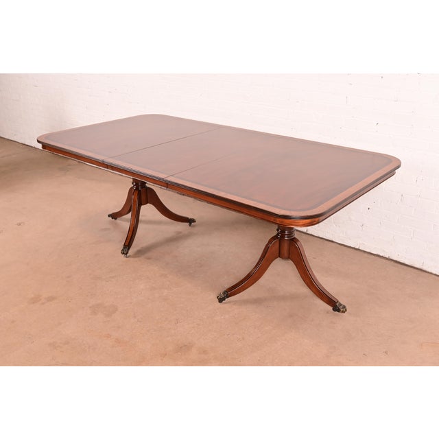 John Widdicomb Georgian Banded Mahogany Double Pedestal Extension Dining Table, Newly Refinished For Sale - Image 11 of 11