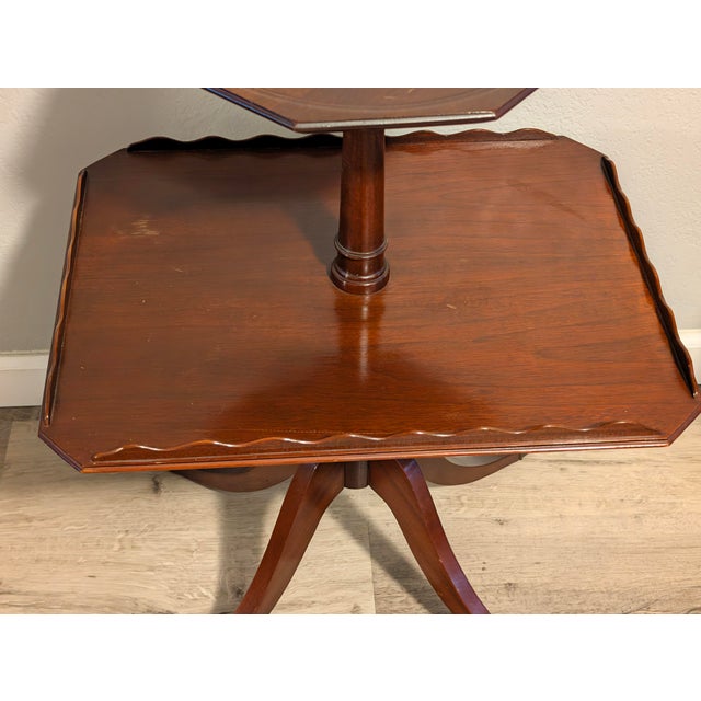 This item is a vintage 1940s-1950s Mersman Mahogany 2-Tier Dumbwaiter Table (often referred to as a butler, parlor, or...