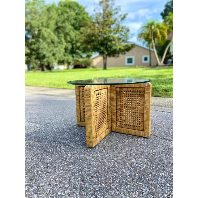 Late 20th Century Boho Petite Side Table or Coffee Table | Interlocking Rattan Block Base With Glass Top For Sale - Image 5 of 12