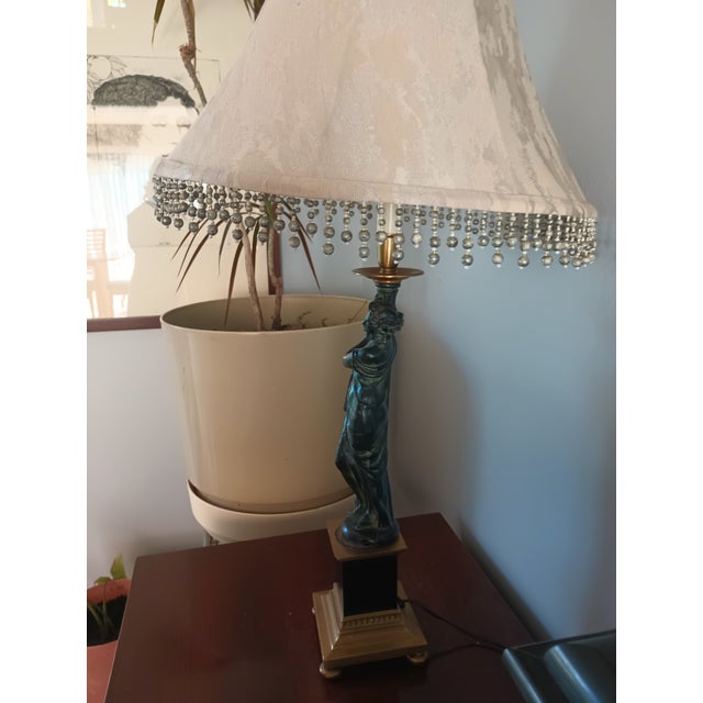 1940 Art Nouveau Bronze and Brass Figural Statue Table Lamp With Shade For Sale - Image 4 of 12