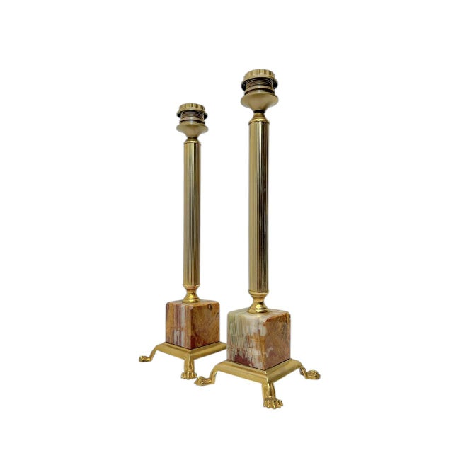 Classic Brass and Onyx Marble Column Table Lamps, France, 1960s, Set of 2 For Sale - Image 4 of 12