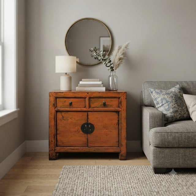 Distressed Vintage Style Weathered Orange Drawers Credenza Cabinet For Sale - Image 4 of 15