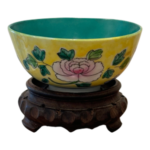 Small Scale Chinese Porcelain Floral Rice Bowl on Yellow Ground With Deep Turquoise Interior on Wooden Stand