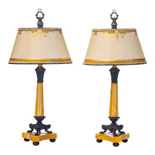 1900's French Empire Sienna Marble and Bronze Candle Lamps - a Pair For Sale