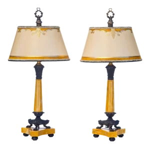 1900's French Empire Sienna Marble and Bronze Candle Lamps - a Pair