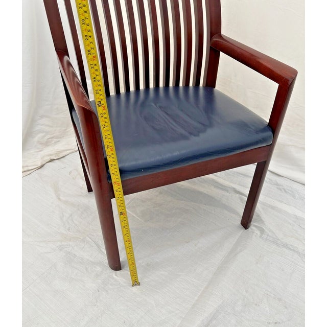 Wood 1990s Vintage Curved Spindle Back Mahogany Arm Chair with Blue Leather Seat For Sale - Image 7 of 10