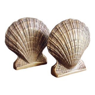 Vintage Brass Scallop Shell Bookends For Sale