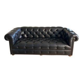 1990s Ethan Allen Black Leather Chesterfield Sofa For Sale