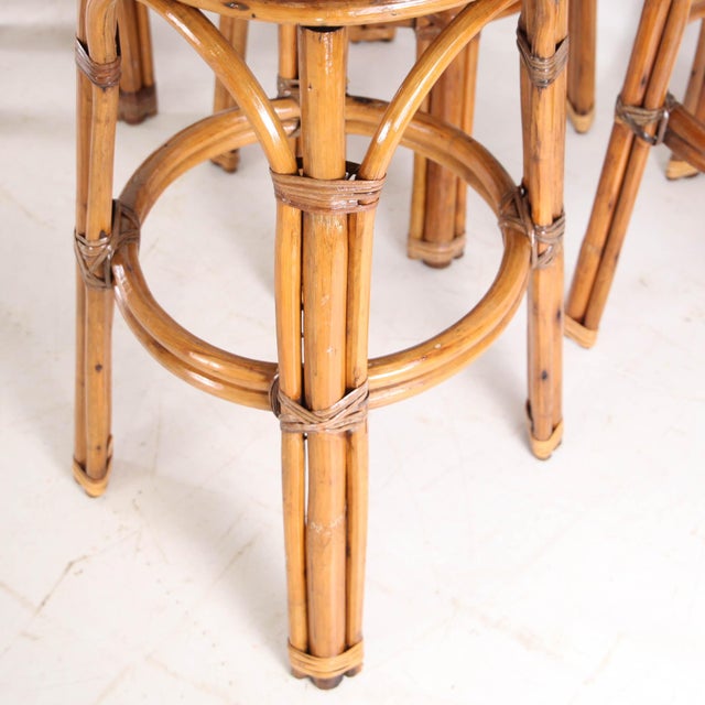 1970s Rattan Stools with Seat Cushions, 1970s, Set of 6 For Sale - Image 5 of 11