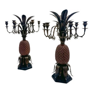 Pair of Monumental Hollywood Regency Pineapple Five-Light Candelabra Table Lamps For Sale