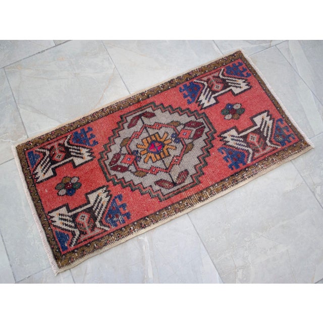 Distressed Low Pile Turkish Petite Rug Hand Knotted Faded Mat Enrty Decor- 1'8'' X 3' For Sale - Image 12 of 13