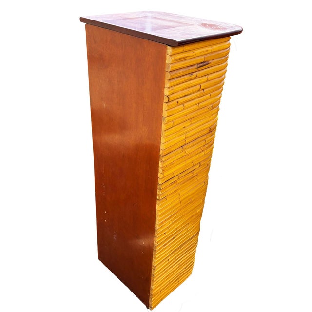 Restored Art Deco era stacked rattan highboy dresser with a mahogany top and five pull-out mahogany drawers. The dresser...