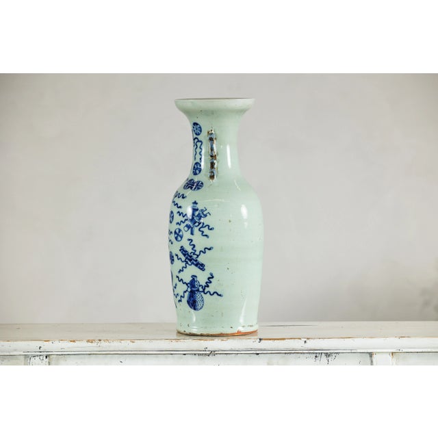 Asian Large Chinese Blue and White Porcelain Vase with Hand-Painted Motifs For Sale - Image 3 of 12