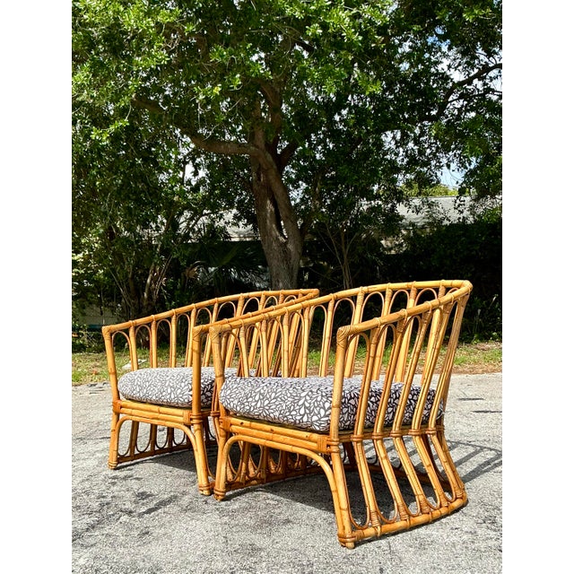 Mid-Century Modern Vintage Coastal Stick Rattan Lounge Chairs After Albini - A Pair For Sale - Image 3 of 12