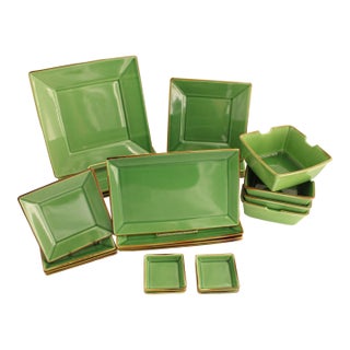 Gorgeous Lot of Pottery Barn Asian Square Green Dinnerware Settings for 4 People - 24 pcs For Sale