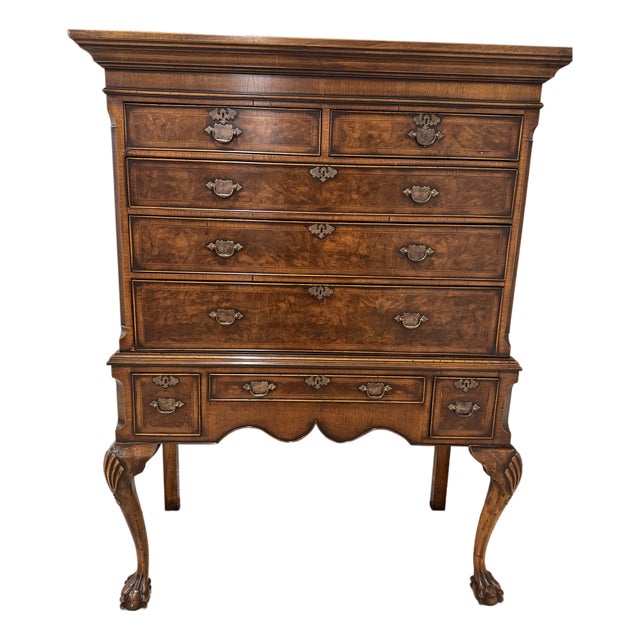 Mid 18th Century Queen Ann Style Burl Walnut High Boy Chest With Ball& Claw Feet For Sale