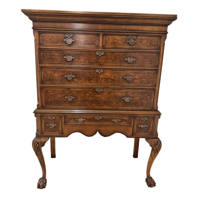 Mid 18th Century Queen Ann Style Burl Walnut High Boy Chest With Ball& Hi Husband Claw Feet For Sale