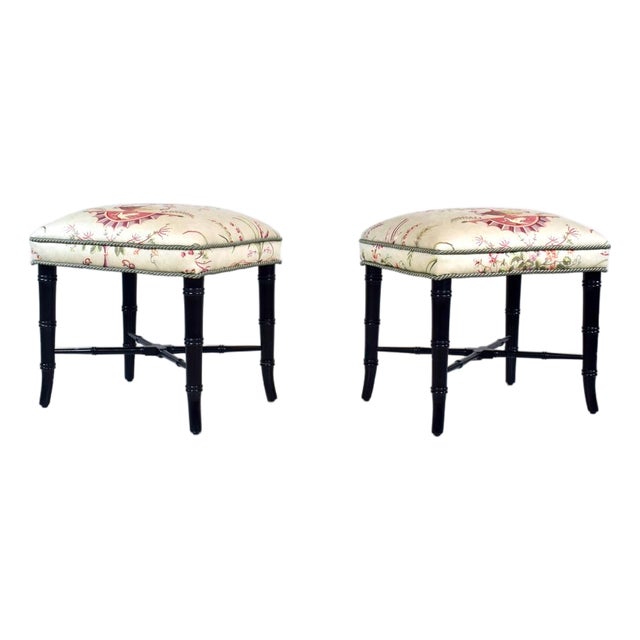 Vintage Pair of Faux Bamboo Ottomans Benches Stools Floral New Upholstery For Sale