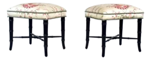 Vintage Pair of Faux Bamboo Ottomans Benches Stools Floral New Upholstery