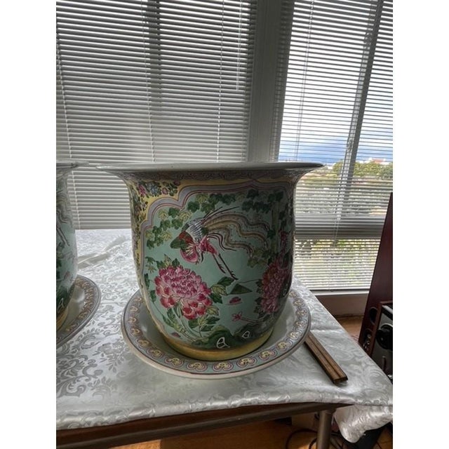 Magnificent, matching pair of large-scale Chinese porcelain "Fishbowl" style planters with original matching drip trays....
