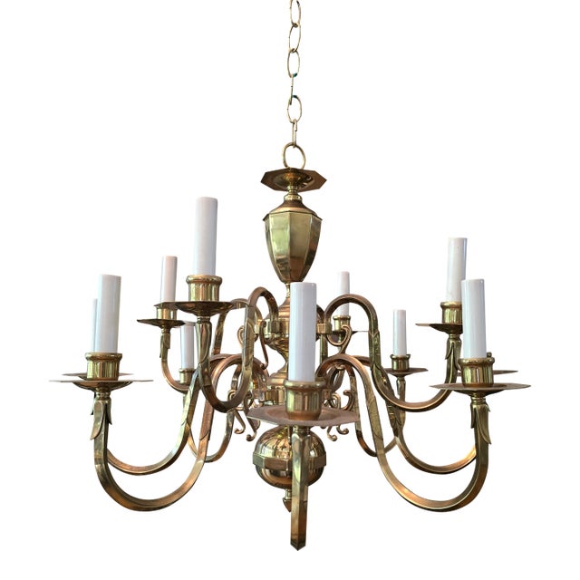 Vintage Mid Century English Brass 12 Light Chandelier For Sale