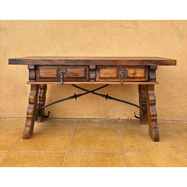Brown 1930s Low Rustic Walnut Console Table with Two Drawers and Iron Stretcher For Sale - Image 8 of 9