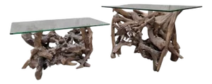 Mid Century Drift/Teak Root Live Edge Rectangle Glass Top Side Table - Set of 2