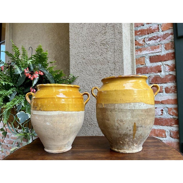 Pair Antique Provincial French Yellow Glazed Pottery Confit Pot Urn Vase Vessel For Sale - Image 13 of 13
