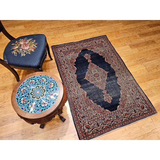 1900 - 1909 Vintage Persian Kashan Rug, Hand-Knotted Wool, Open Field Pattern, Navy & Ivory, 3x5 For Sale - Image 5 of 16