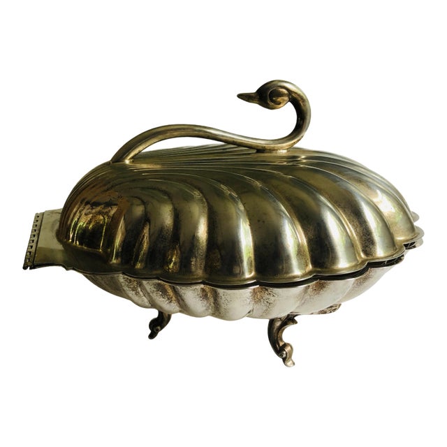 Hollywood Regency Style Poole Silverplate Swan Shaped Lidded Serving Bowl For Sale