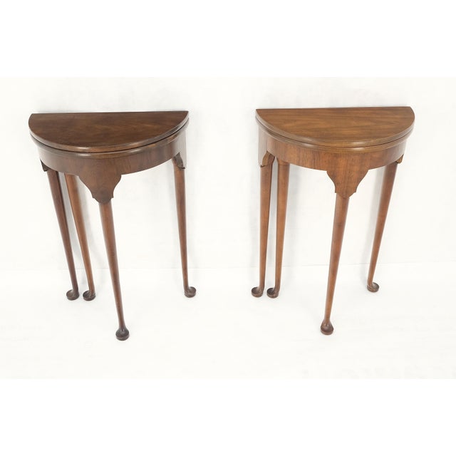 Pair Walnut Baker Demilune Flip Top Round End Side Console Occasional Table MINT For Sale - Image 9 of 12