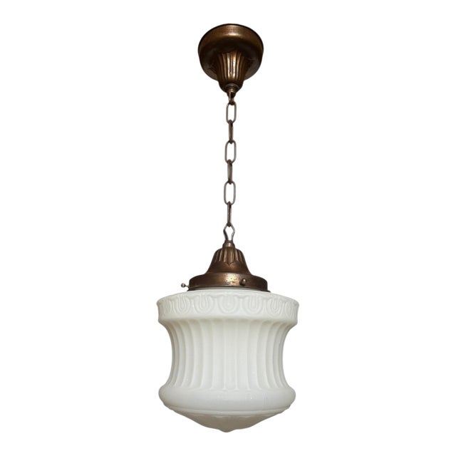 Rare 1910’s Cased Matte Glass Ceiling Pendant With Original Brass Holder For Sale