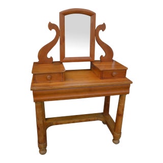 1940s Vintage Golden Pine Wood Vanity / Dressing Table W/ 3 Drawers & Swivel Center Mirror For Sale
