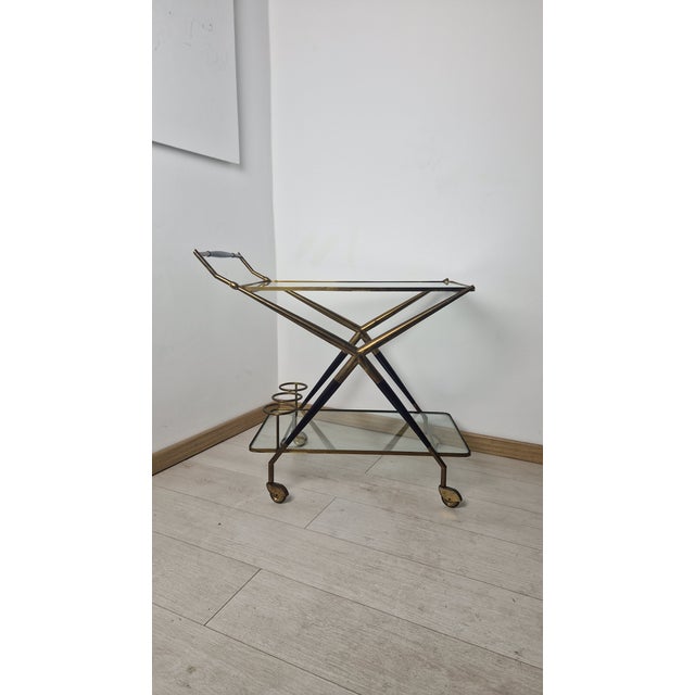 Mid-Century Modern Trolley in Wood, Brass and Glass Shelves attributed to Cesare Lacca for Cassina, 1950s For Sale - Image 3 of 16