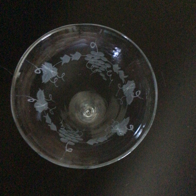 Transparent Etched Grape and Leaf Flared Mouth Hollow Stem Trumpet Champagne Flutes-Set of 4 For Sale - Image 8 of 12