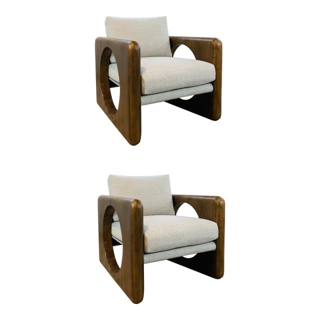 Mid-Century Modern Style Walnut Finished Club Chairs Pair For Sale