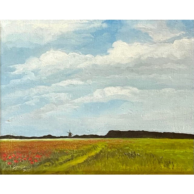 Oil painting on hand stretched linen of a Dutch landscape with windmill in the distance and poppies in the foreground by...