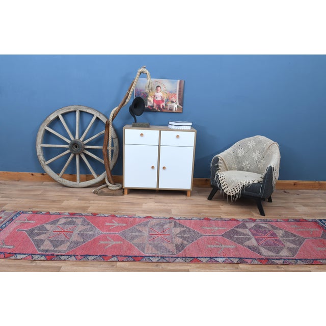 Tribal Pink Vintage Turkish Oushak Handmade Wool Tribal Runner Rug For Sale - Image 3 of 11