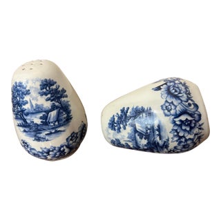 1980s Vintage Blue Ironstone Salt & Pepper Shakers- Set of 2 For Sale